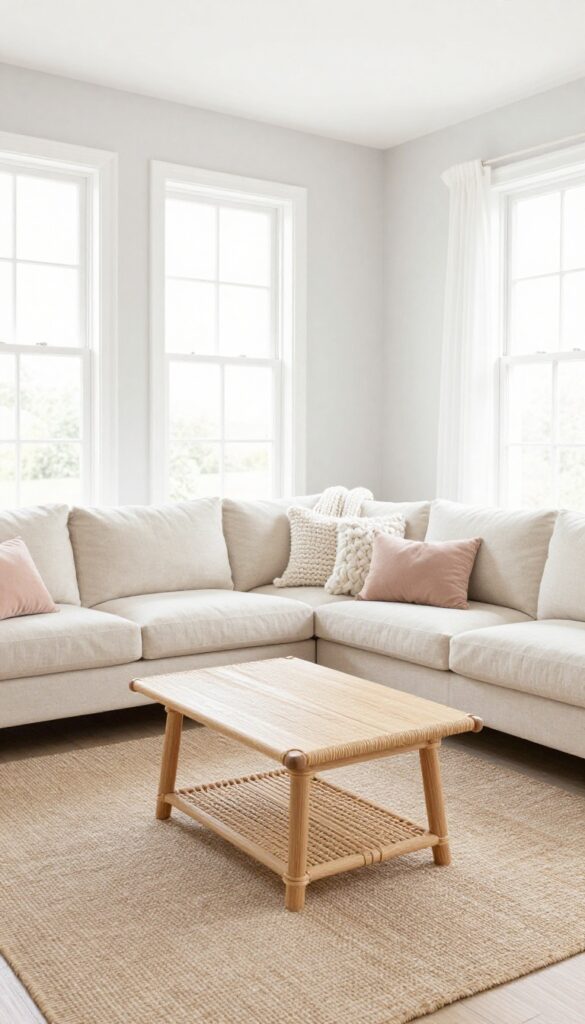 A bright and airy living room with Cloud White walls, linen sofa, jute rug, and natural light.