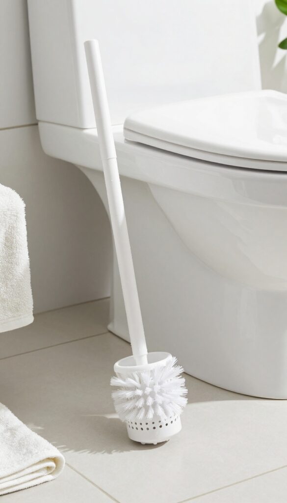 Modern toilet brush with silicone bristles in a ventilated holder on a bathroom floor