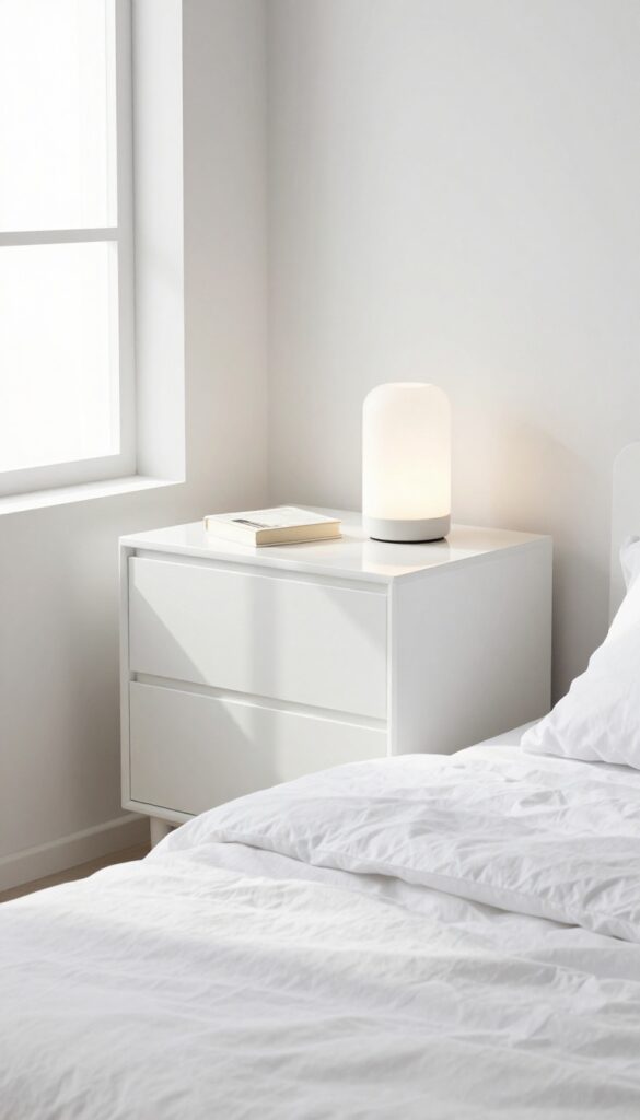 A clean, decluttered nightstand in a bright bedroom, with only a lamp and a book, bathed in soft morning light.