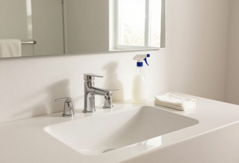 Clean modern bathroom with cleaning supplies on the counter