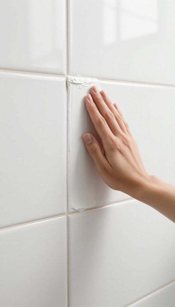 Hand applying white grout pen to grout line on bathroom tile