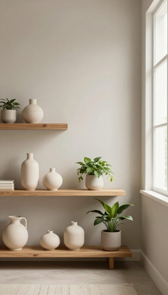 Living room shelf with neutral greige backdrop, warm wood, cream ceramics, and green plants in soft natural light