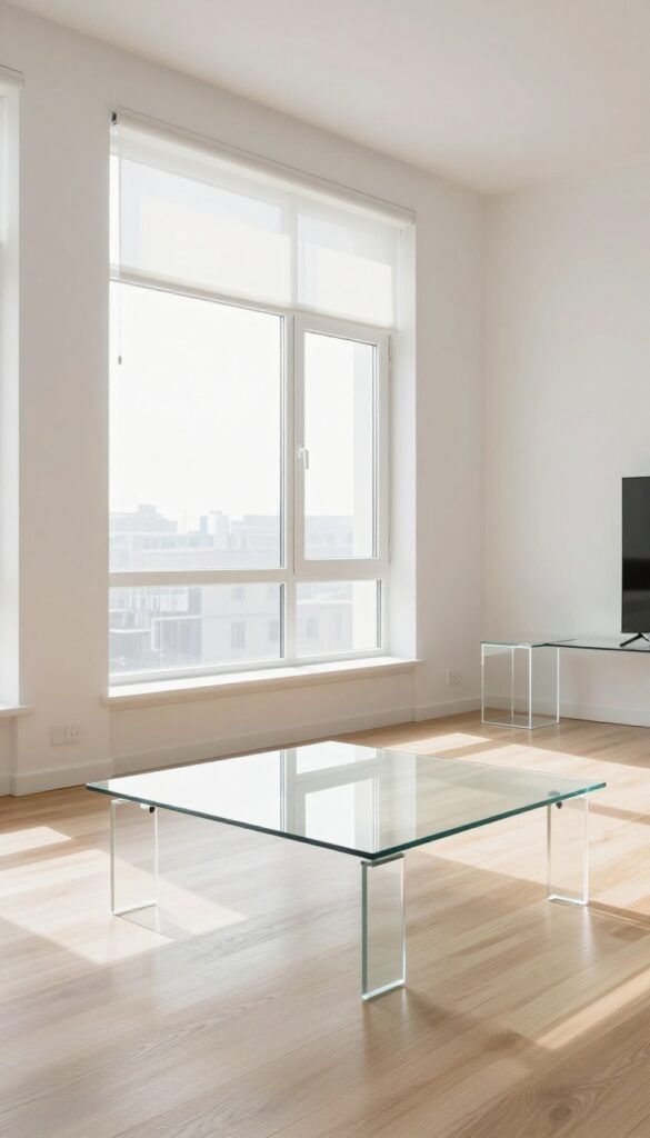 Bright single wide living room with natural light from bare window, glass coffee table, lucite side table, and mirror reflecting light
