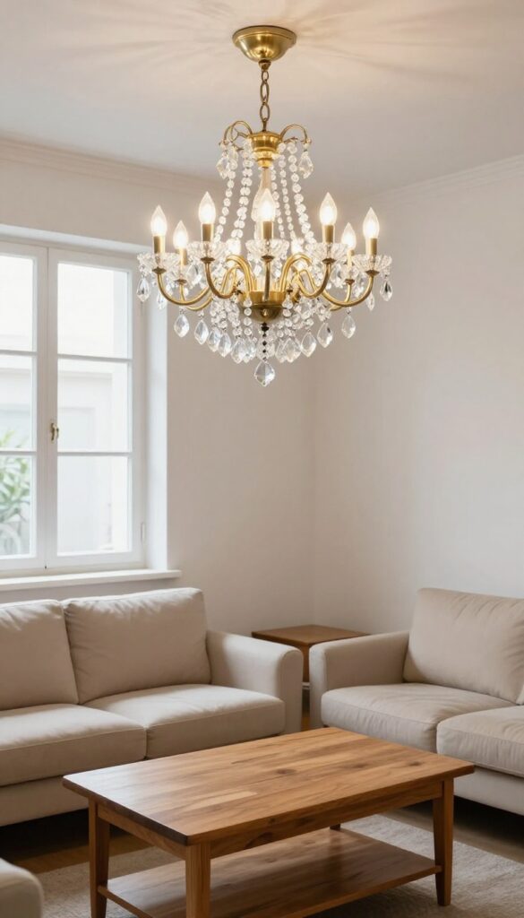Small traditional living room with a mini crystal chandelier hanging low above a coffee table, sparkling in warm light.
