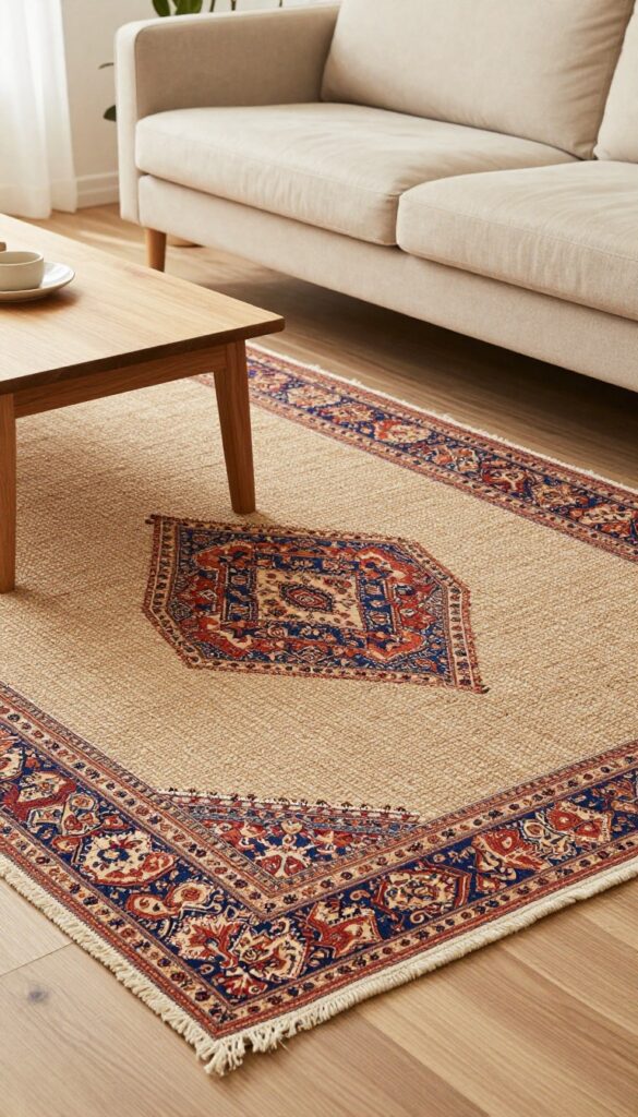 Layered jute and dhurrie rugs in a bright Indian living room