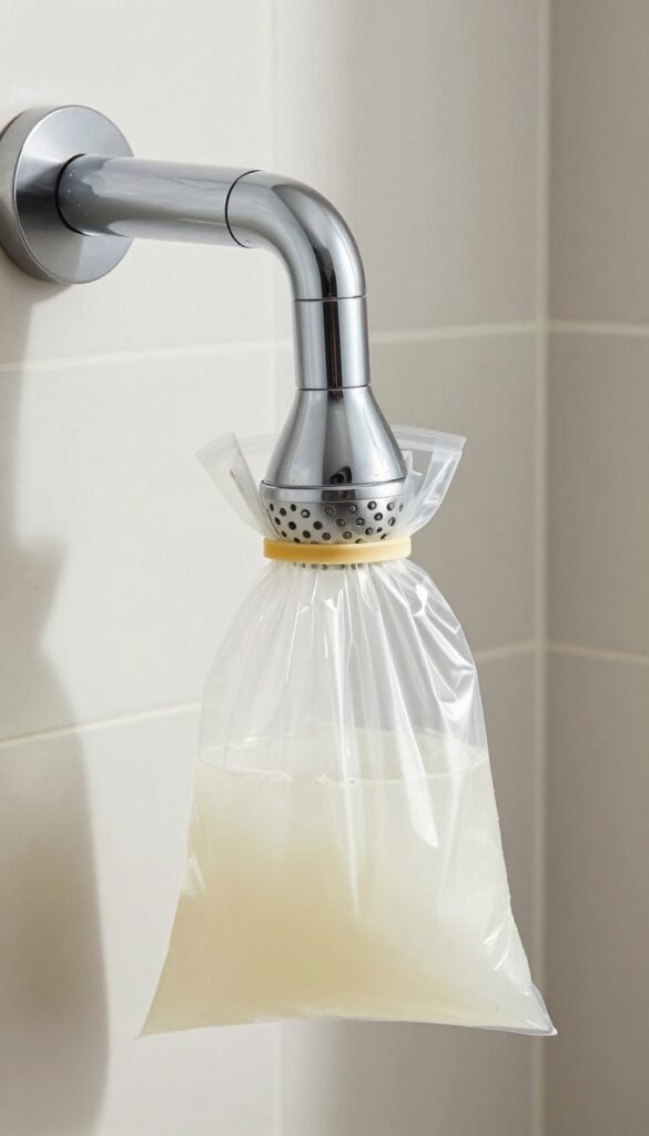 Showerhead soaking in a plastic bag of vinegar to remove hard water buildup