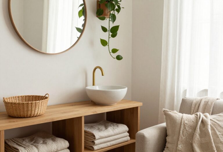 Cozy living room with a wash basin on a wooden console table, featuring a ceramic sink, brass faucet, mirror, and pothos plant.