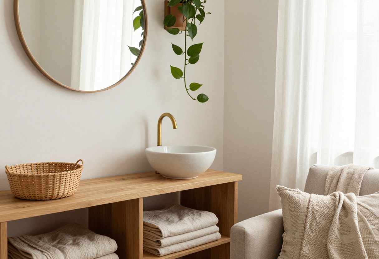 Cozy living room with a wash basin on a wooden console table, featuring a ceramic sink, brass faucet, mirror, and pothos plant.