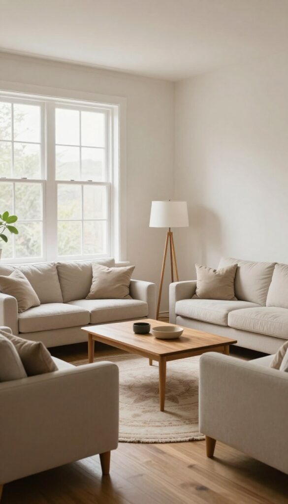Cozy rectangle living room with square seating cluster, round rug, and floor lamp near center