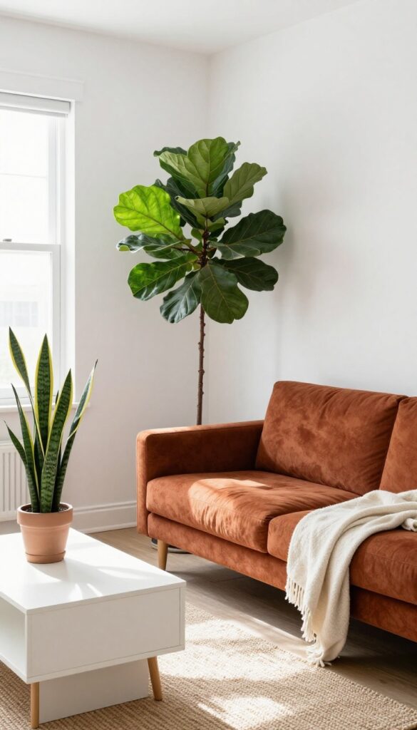 Minimalist living room with white walls, rust sofa, green plants, and natural light