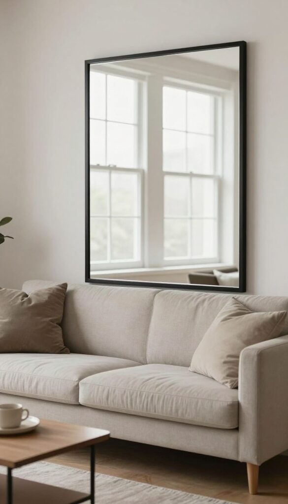 Framed mirror on living room wall reflecting window, small space decor
