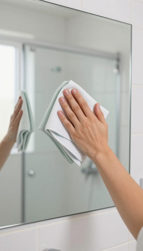 Cleaning a bathroom mirror and glass shower door with a microfiber cloth, streak-free shine, bright natural light.