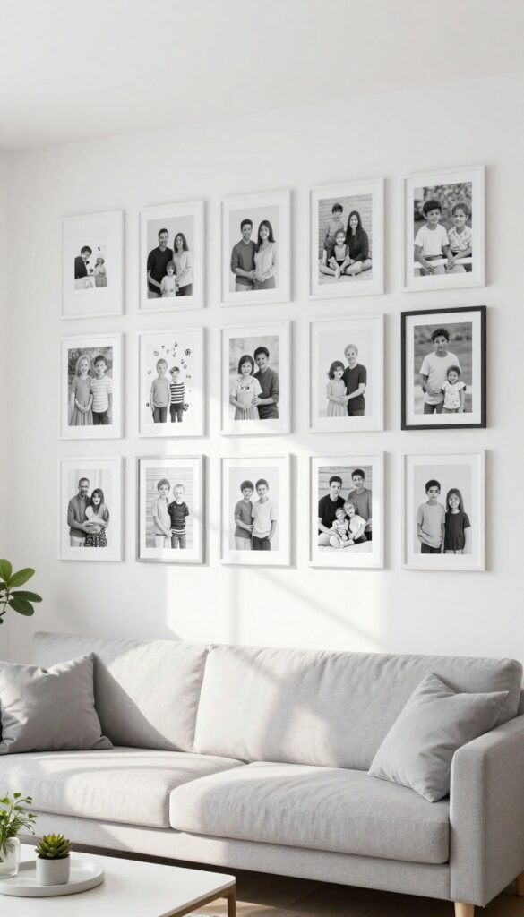 Modern living room with a gallery wall of family photos and kids' art in simple frames