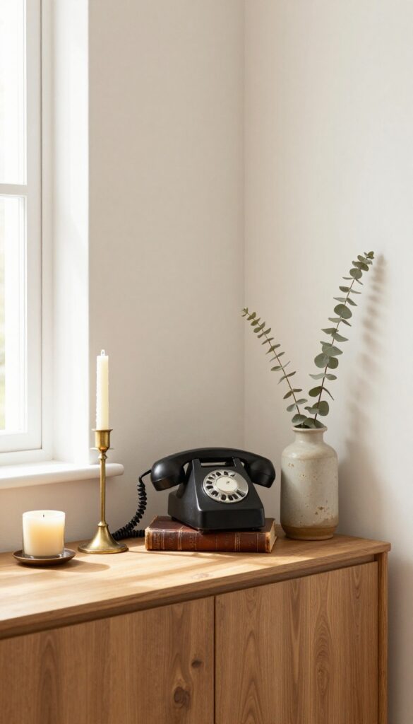 Vintage accent pieces on a console table in a bright living room