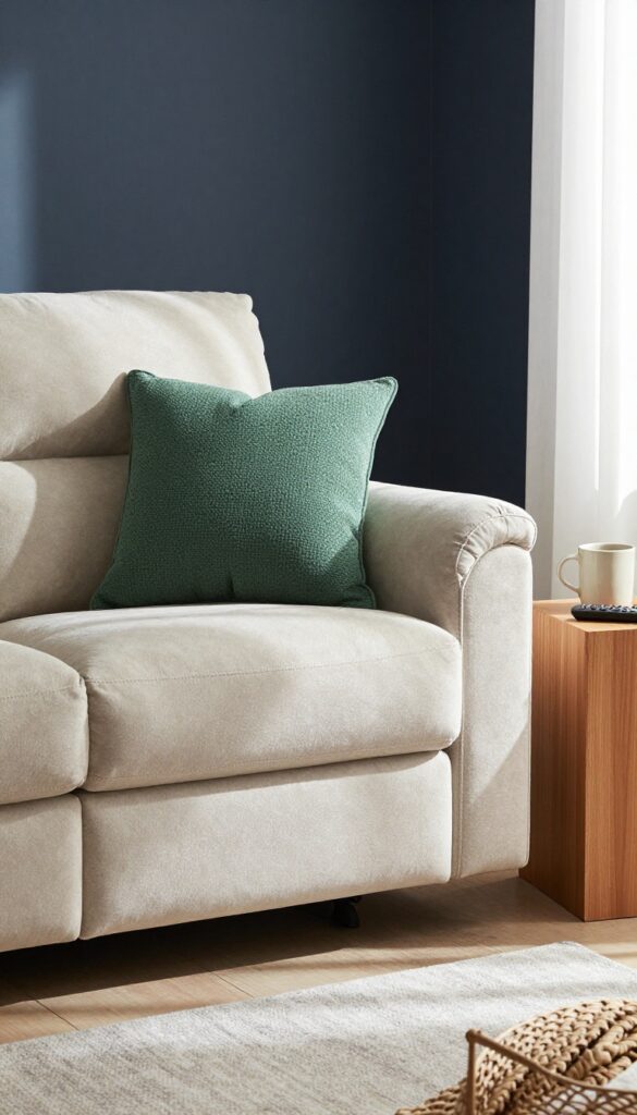 Light beige recliner against dark navy wall with emerald pillow, cozy small living room corner with natural light