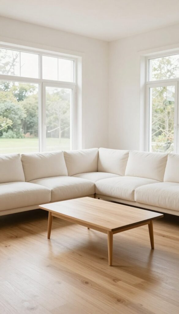 Light and airy living room with a modular sofa in pale fabric, arranged in flexible sections with gaps, natural wood legs, and a low coffee table.