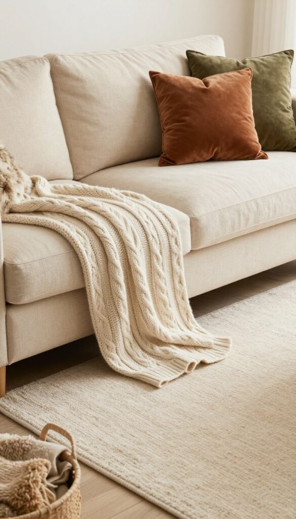 Cozy sunken living room with plush textiles, chunky knit throw, velvet pillows, faux fur, and floor basket of throws.