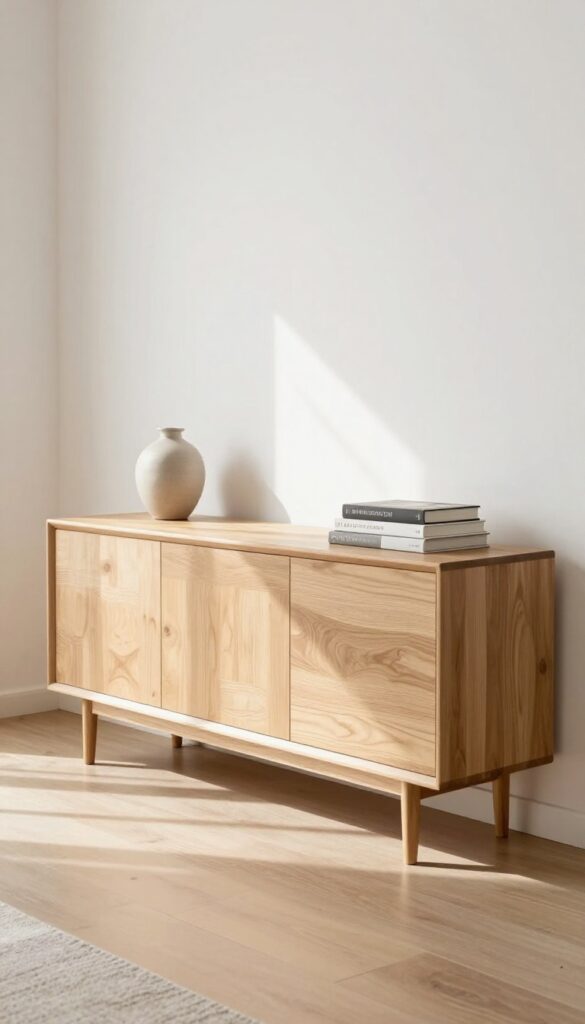 Slim credenza with legs in a narrow living room, holding decor items, with natural light and clean composition.