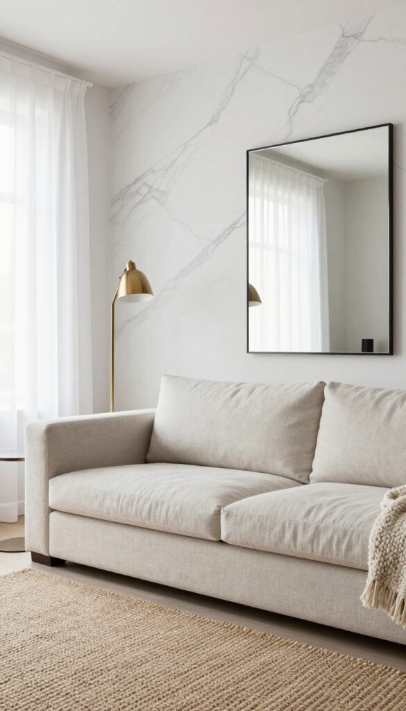 Modern living room with marble wallpaper accent wall, linen sofa, jute rug, and brass accents.