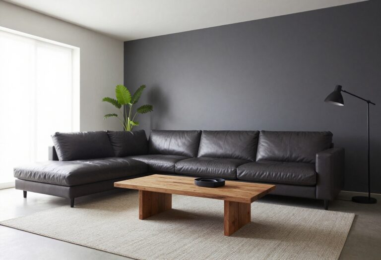 Sleek and cozy men's living room with leather sofa, wood coffee table, and plants