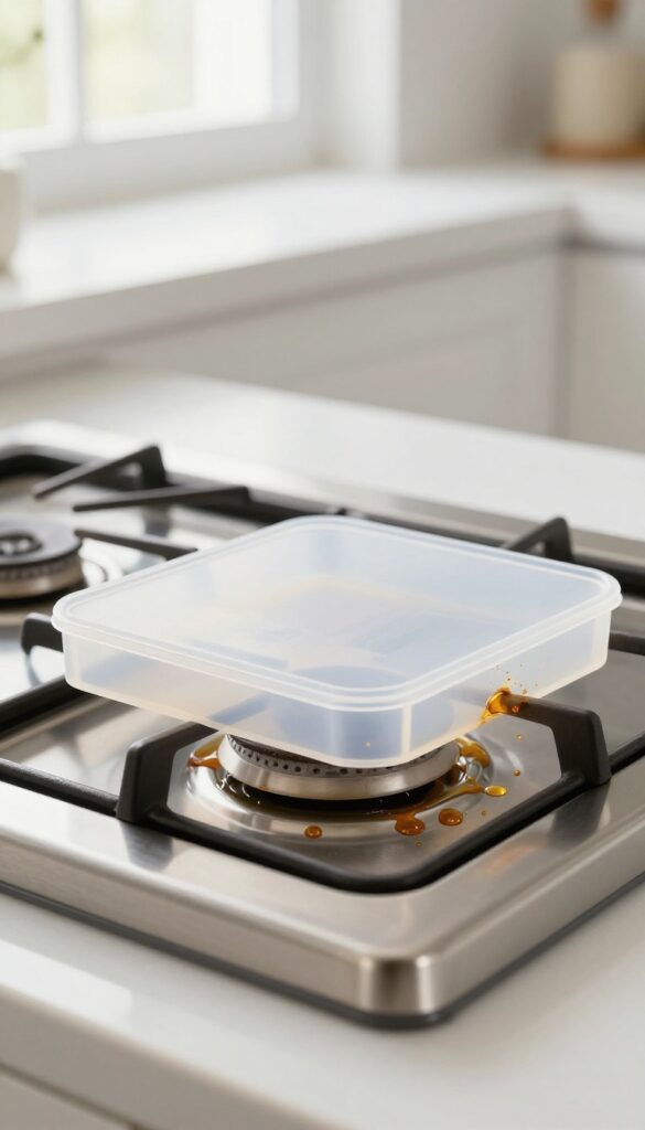 Clear silicone stovetop shield on a kitchen cooktop catching grease splatters during cooking