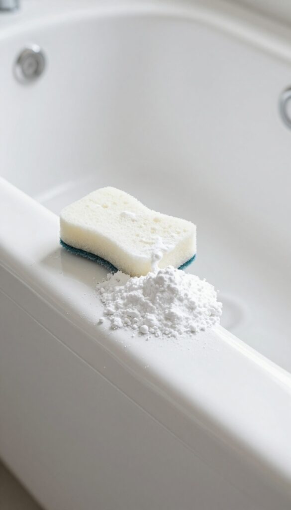 Borax powder on a sponge next to a clean white bathtub