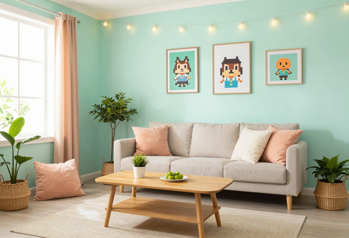 Cozy living room with pastel mint walls, wooden furniture, plants, and warm lighting inspired by Animal Crossing.