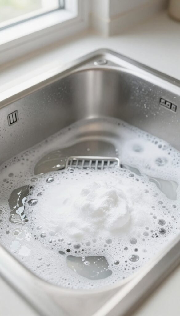 Range hood filter soaking in hot water with baking soda and dish soap to remove grease.