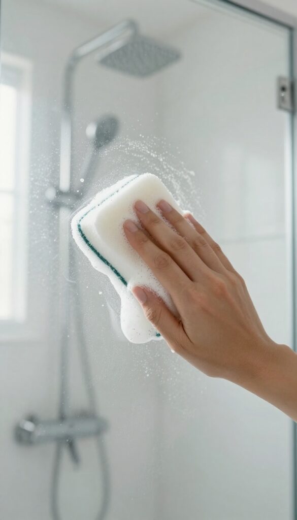 Person cleaning a glass shower door with a white melamine sponge, removing soap scum in a bright bathroom.