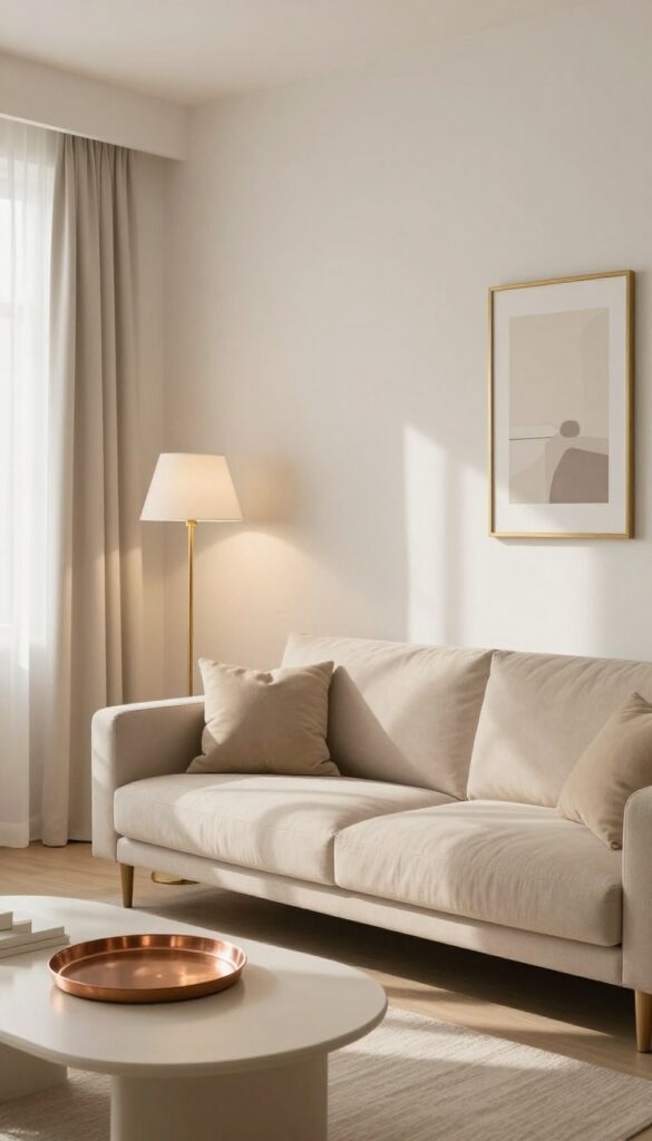 Beige sofa with metallic gold, brass, and copper accents in a bright living room