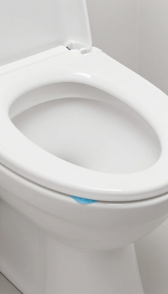 Close-up of toilet bowl with blue gel cleaner under rim