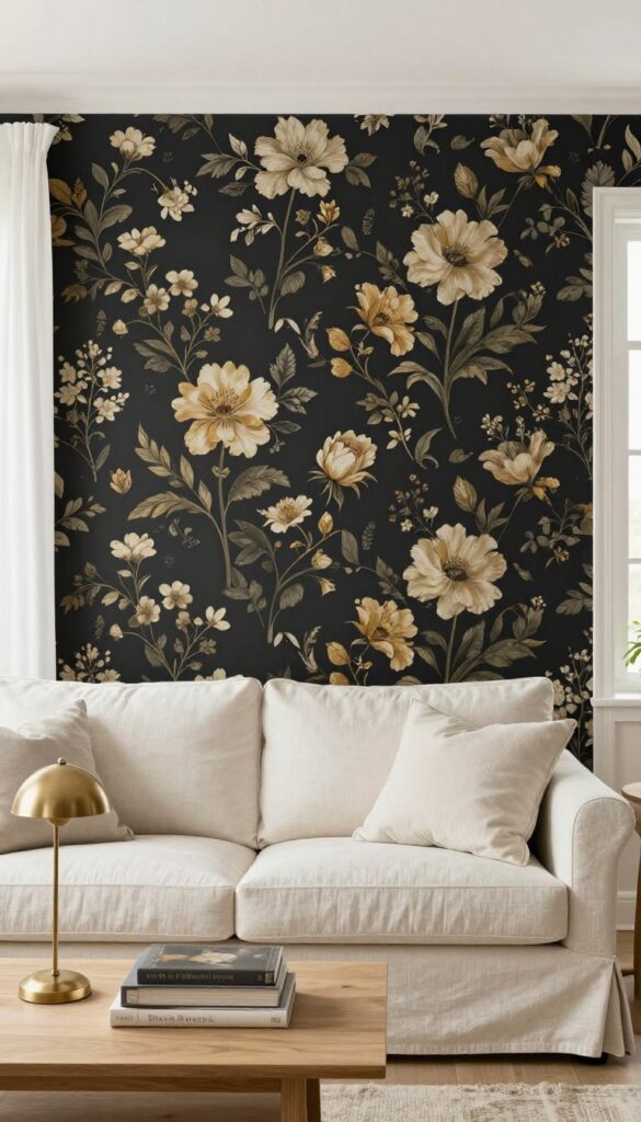 Dark moody floral wallpaper in a living room with pale sofa and natural light