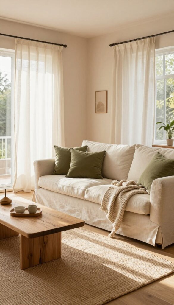 Light terracotta living room with natural light, linen curtains, jute rug, olive green accents, and wood furniture