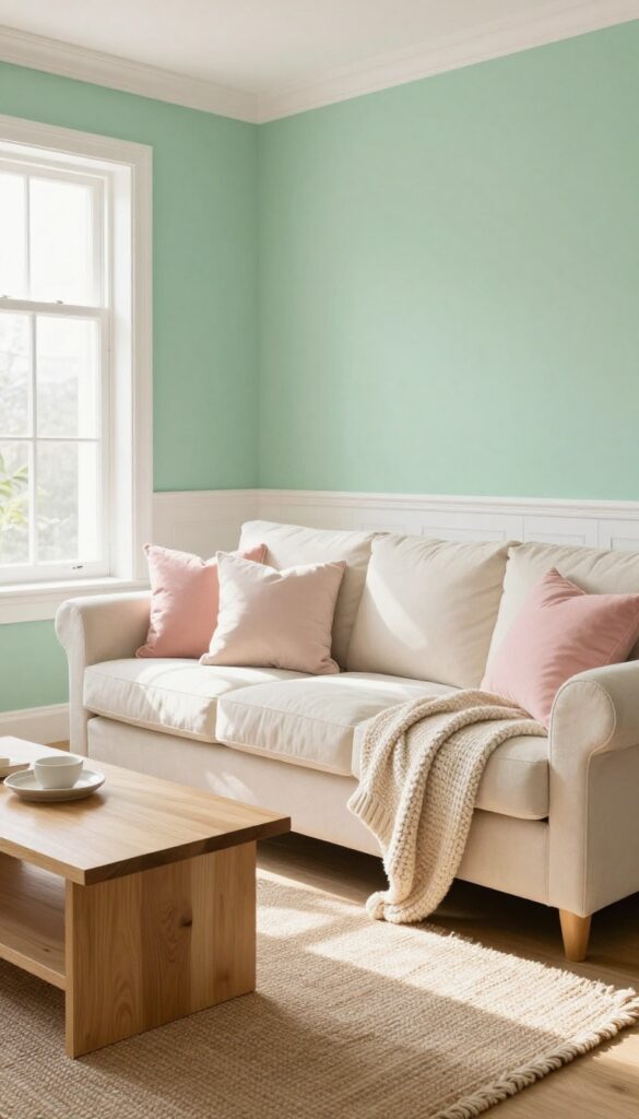 Seafoam green living room with natural light, white trim, and soft neutral decor