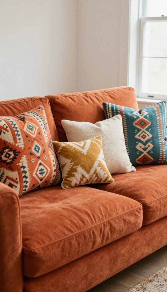 Burnt orange sofa styled with patterned pillows in global prints, kilim and ikat designs with teal and mustard accents, cozy living room with natural light.