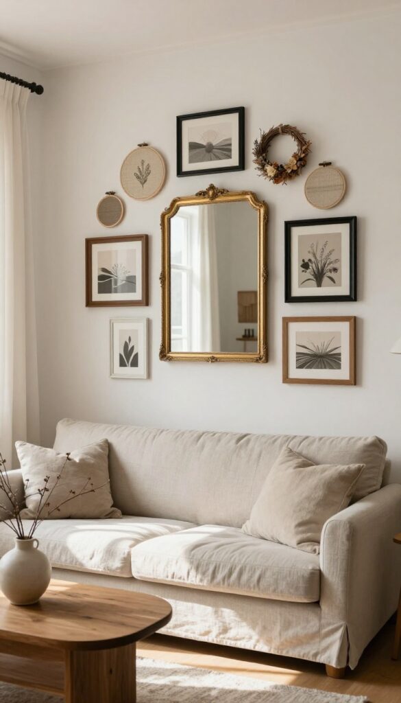 Salon-style gallery wall with mixed frames, mirror, and wreath above a cozy living room sofa