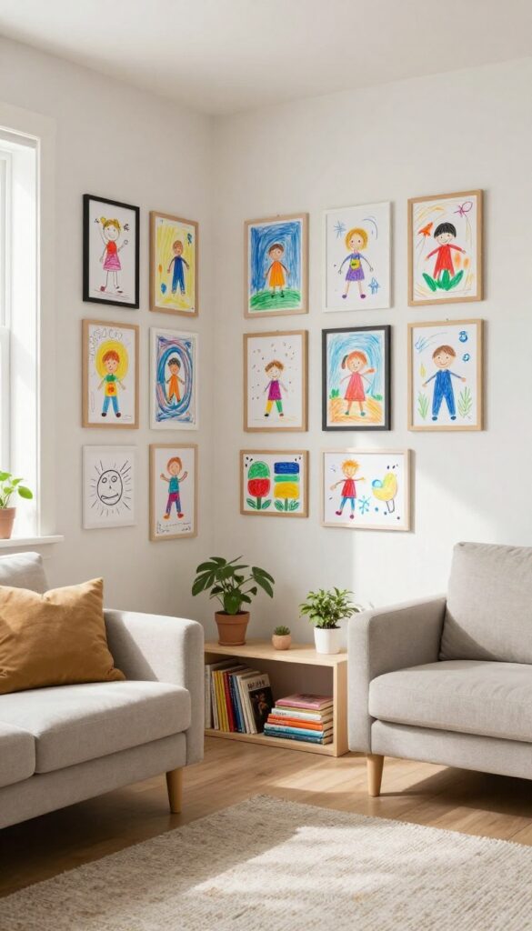 Children's artwork framed in simple black, white, and wood frames on a living room wall, with natural light and cozy decor.