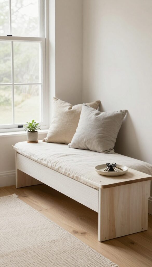 A modern living room with a window and a wooden storage bench with cushion and pillows, hiding daily clutter.