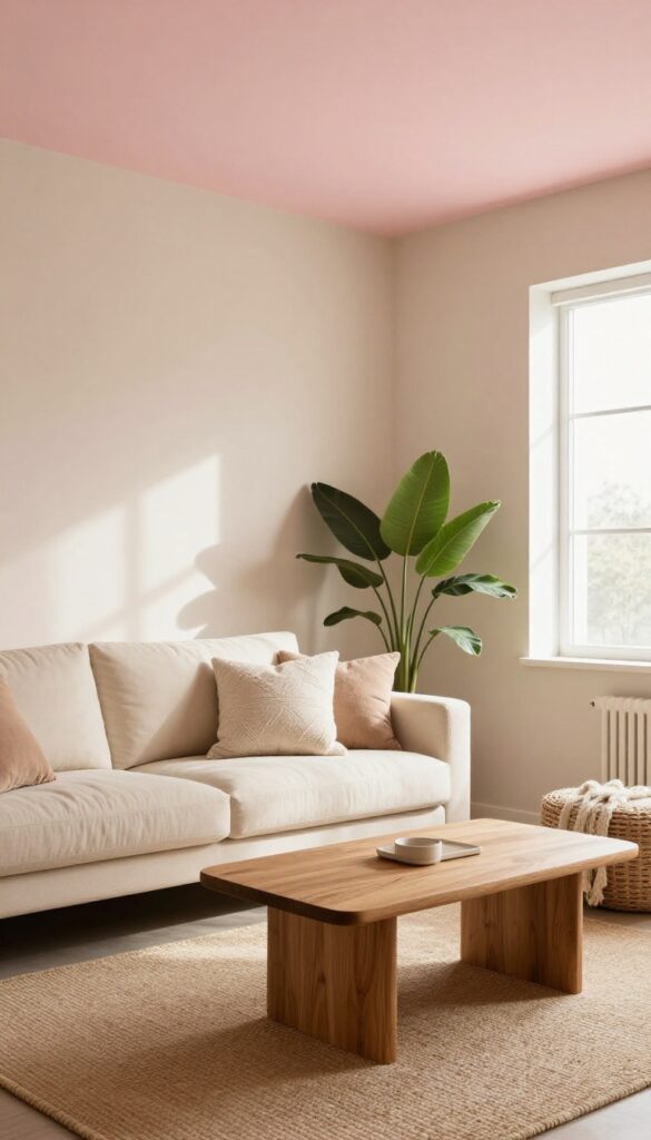 Living room with blush pink ceiling, neutral furniture, and warm natural light