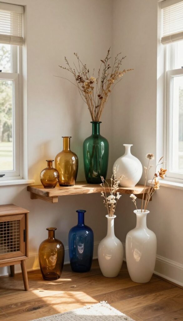 Vintage glass vases and ceramic bottles arranged on a wooden shelf in a bohemian living room