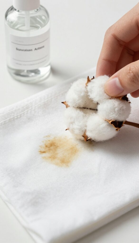 Close-up of rubbing alcohol being applied to an ink stain on white fabric