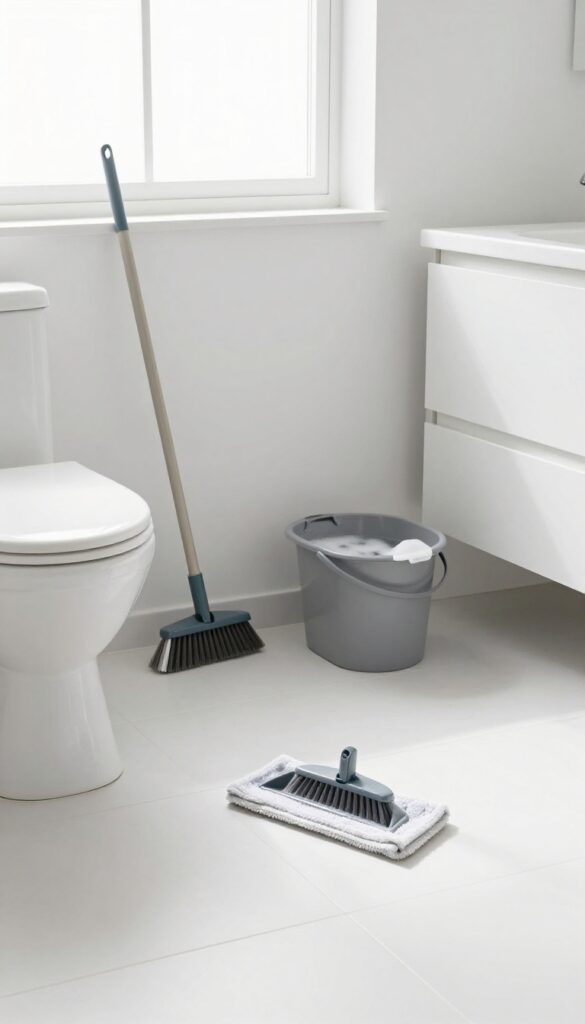 Clean bathroom floor with mop and broom, sunlight, bright and fresh