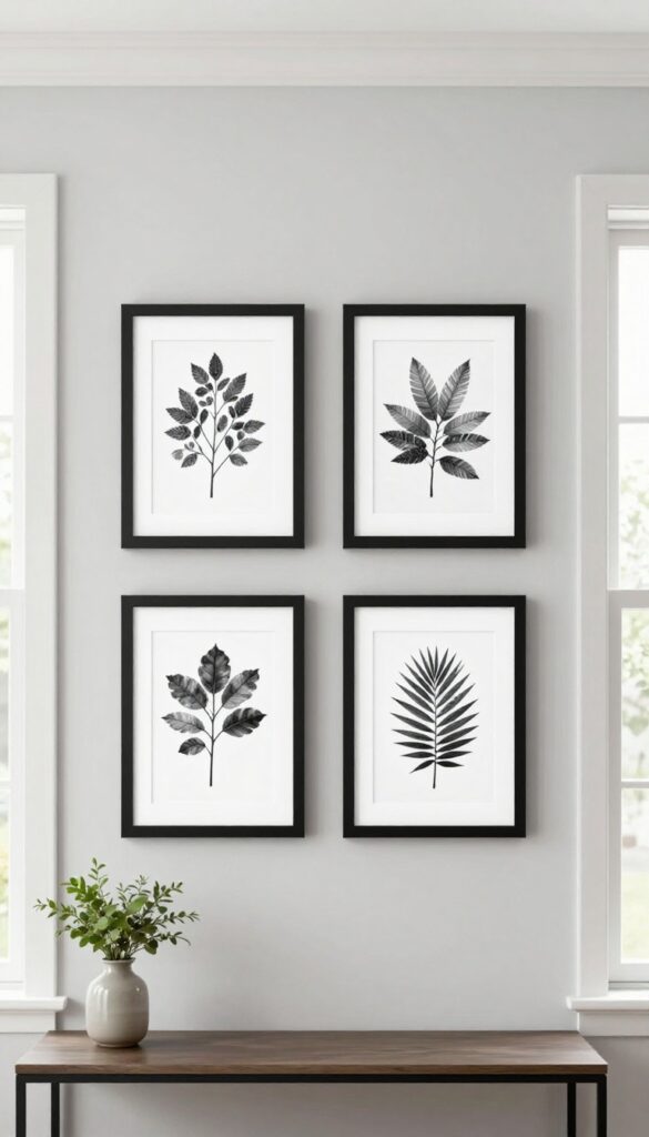 Symmetrical grid of matching black frames with botanical prints on a small living room wall between windows, with a console table below.