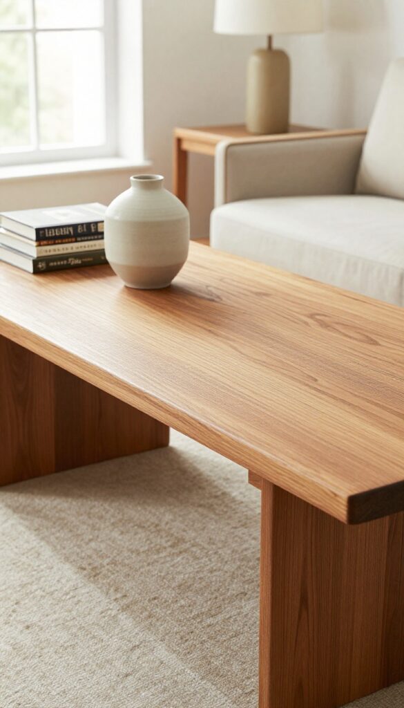 Thrifted mid-century wooden coffee table styled with modern decor in a bright living room