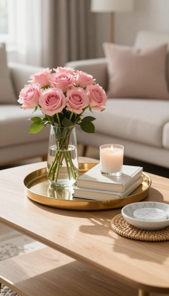 Gold tray on coffee table with glass vase of pink roses, stacked books, candle, and marble coasters in bright natural light