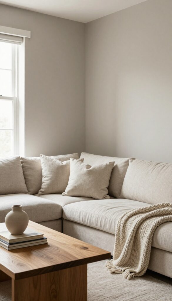 Living room with monochromatic greige walls, matte finish on three walls and satin on an accent wall, creating subtle sheen variation. Cozy furniture and natural light enhance the layered, sophisticated look.