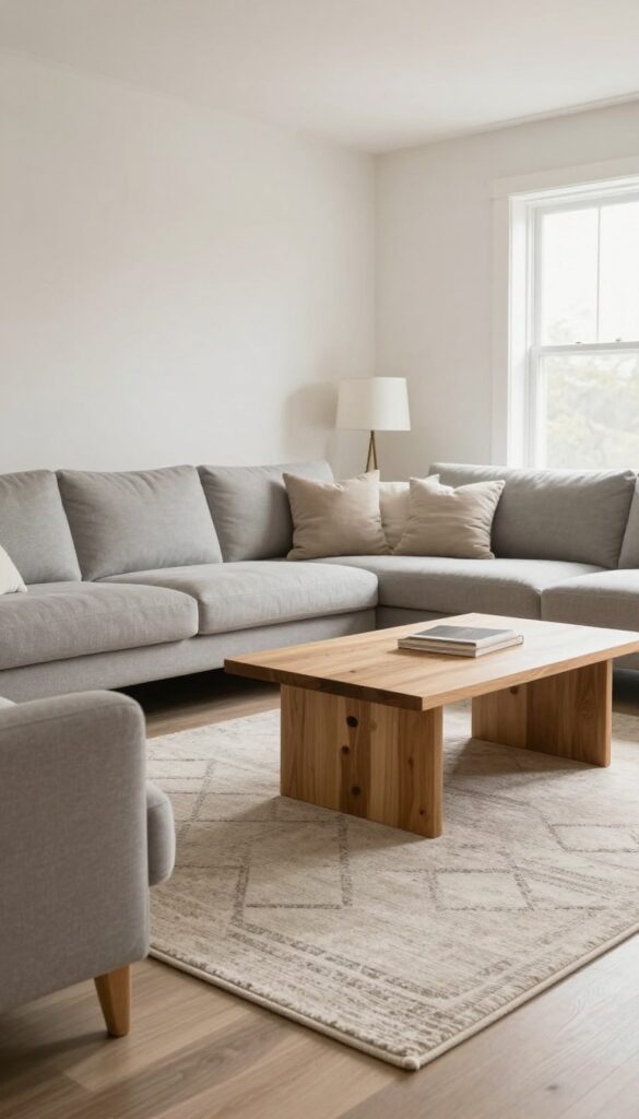 Modern family living room with large neutral geometric rug under sofa and coffee table, natural light, clean composition
