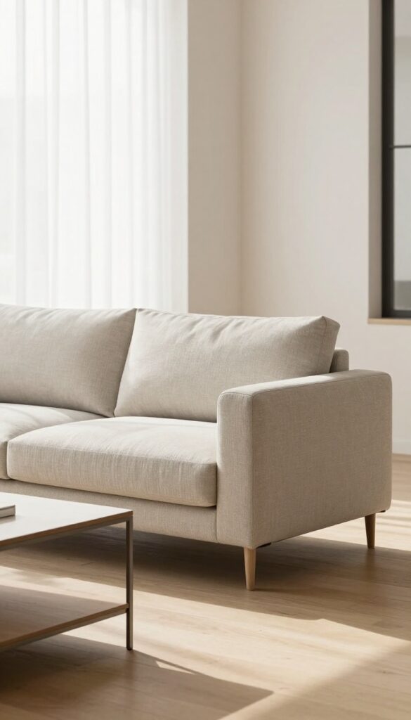 Modern living room with clean-lined furniture, neutral colors, and natural light