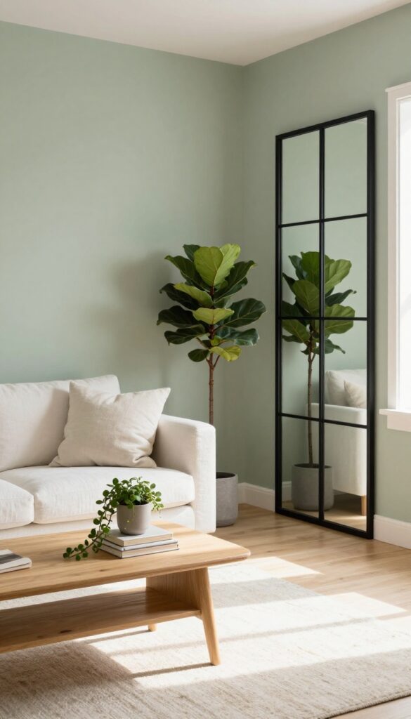 Bright living room with pale sage green accent wall, white sofa, natural wood coffee table, and a large mirror reflecting sunlight.