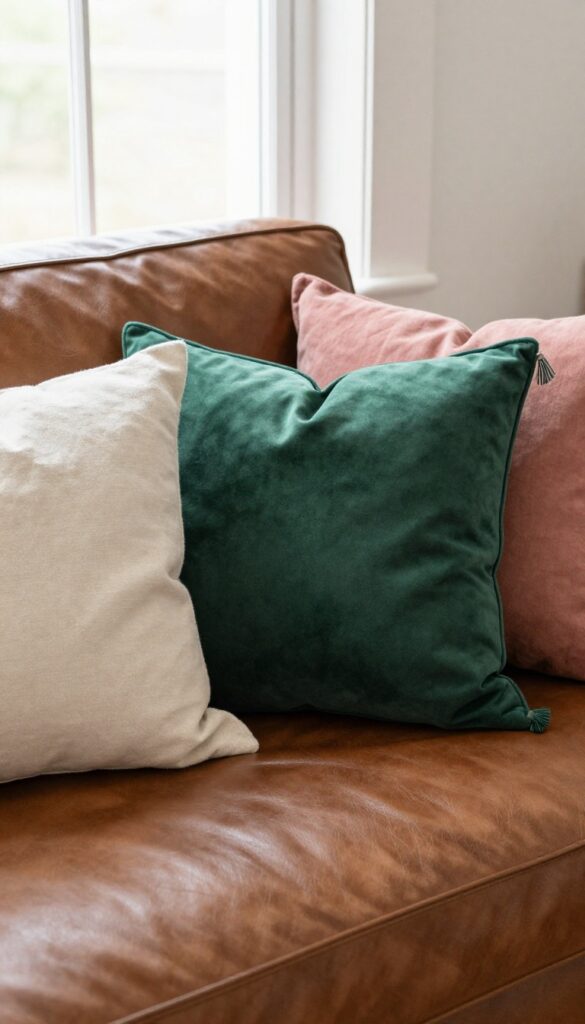 Brown leather sofa with cream linen and emerald green velvet pillows in natural light